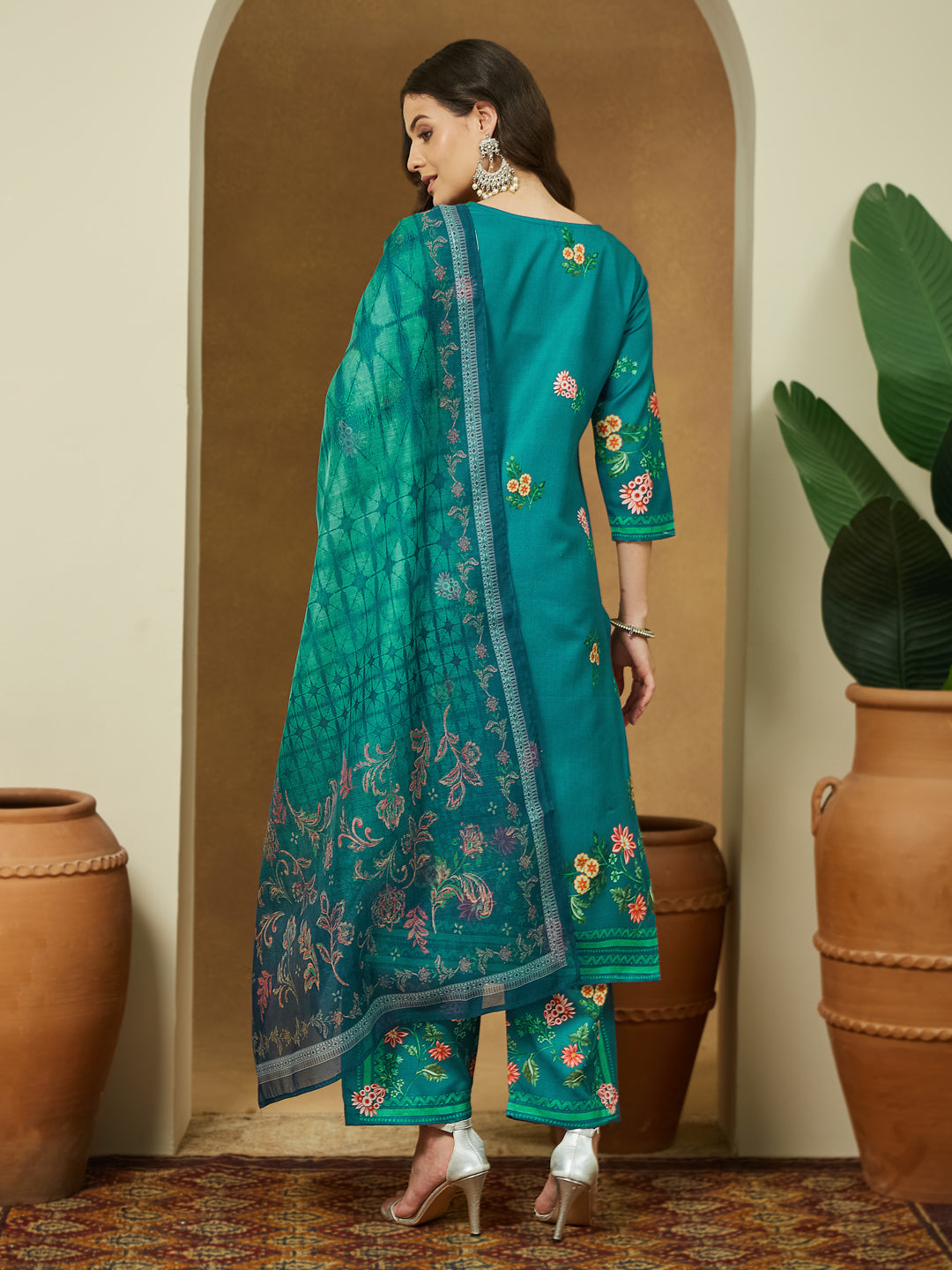 Janasya Women's Teal Blue Cotton Blend Floral Printed Straight Kurta Set
