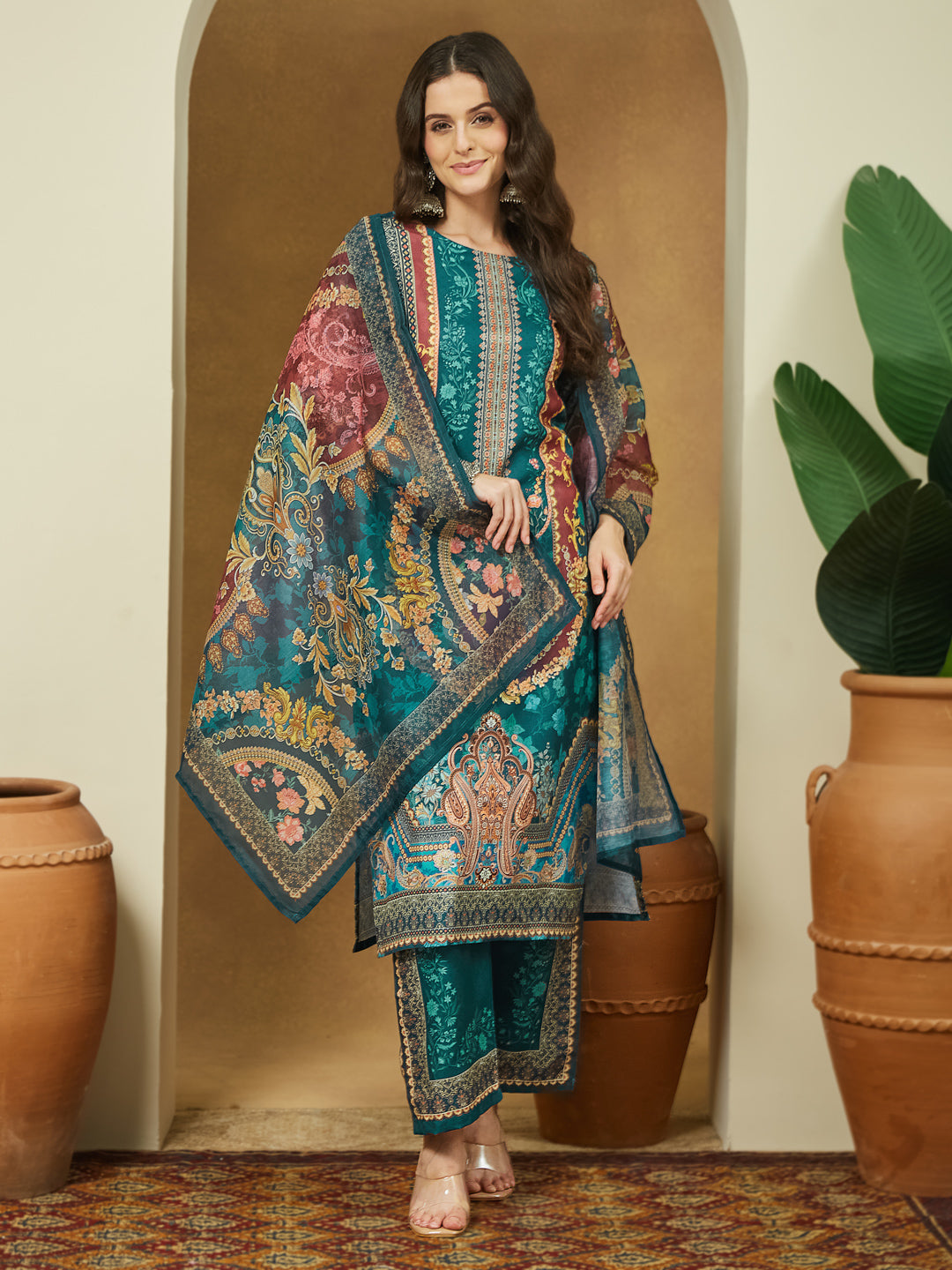 Janasya Women's Teal Blue Cotton Blend Ethnic Motifs Printed Pakistani Style Straight Kurta Set