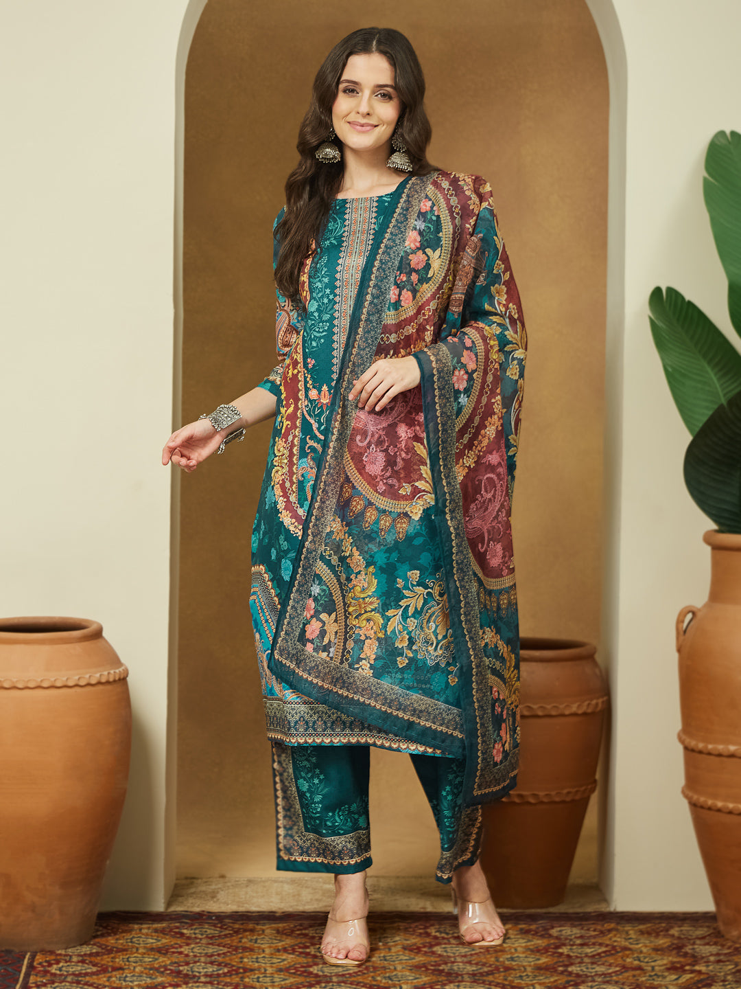 Janasya Women's Teal Blue Cotton Blend Ethnic Motifs Printed Pakistani Style Straight Kurta Set