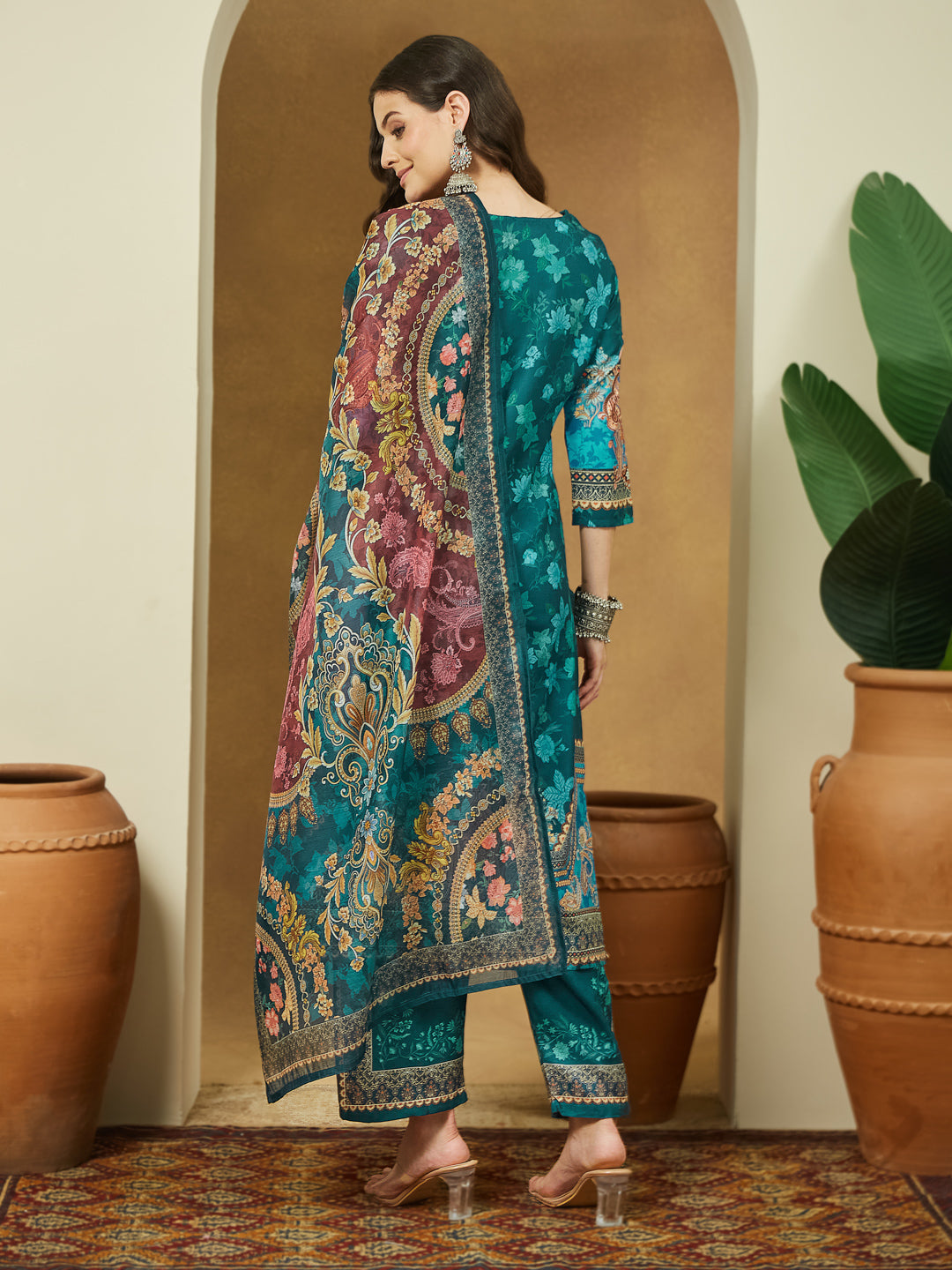 Janasya Women's Teal Blue Cotton Blend Ethnic Motifs Printed Pakistani Style Straight Kurta Set