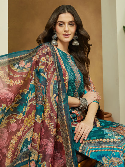 Janasya Women's Teal Blue Cotton Blend Ethnic Motifs Printed Pakistani Style Straight Kurta Set