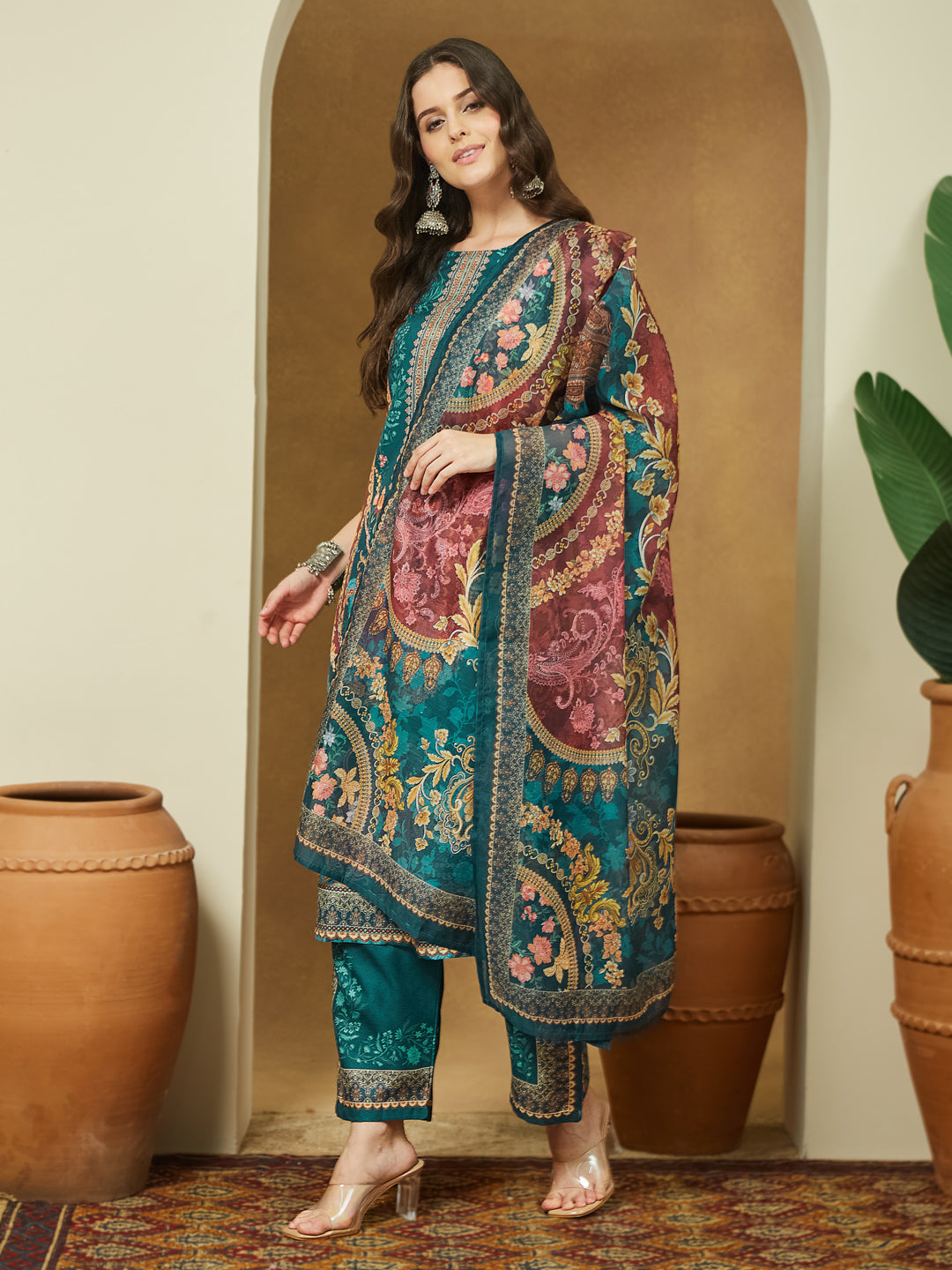 Janasya Women's Teal Blue Cotton Blend Ethnic Motifs Printed Pakistani Style Straight Kurta Set