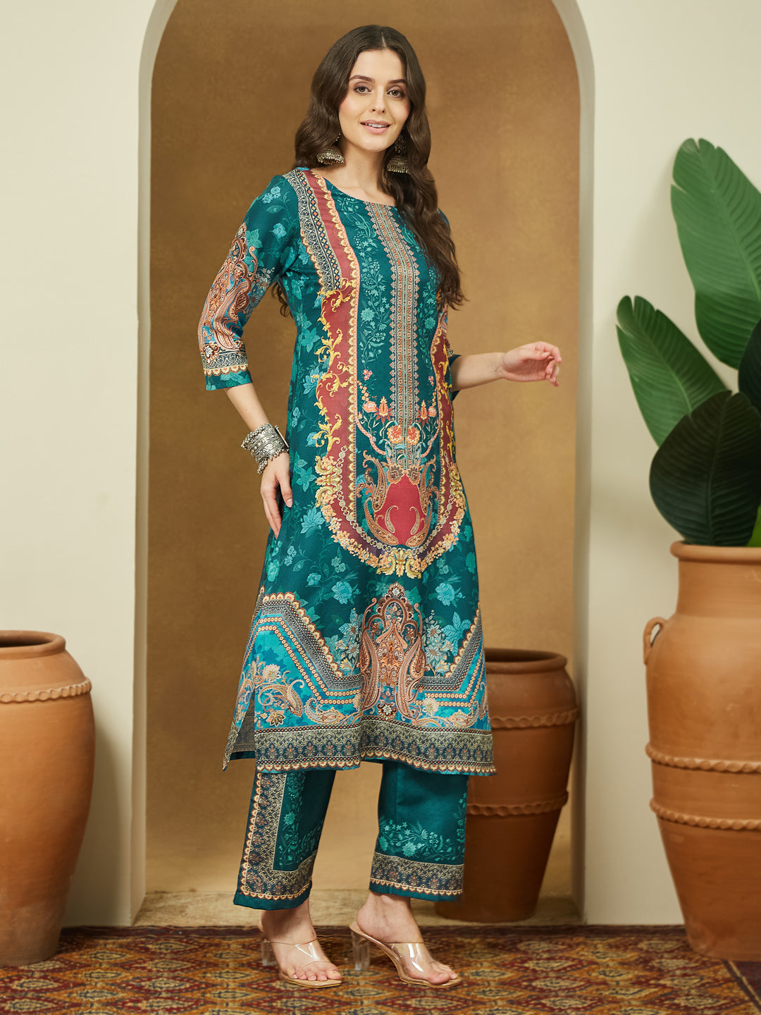 Janasya Women's Teal Blue Cotton Blend Ethnic Motifs Printed Pakistani Style Straight Kurta Set