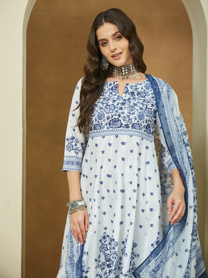 Janasya Women's White Cotton Blend Floral Printed Anarkali Kurta Set