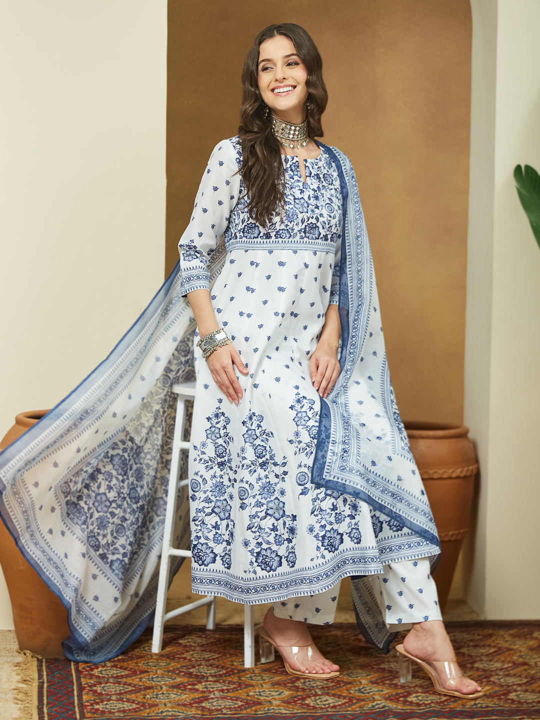 Janasya Women's White Cotton Blend Floral Printed Anarkali Kurta Set