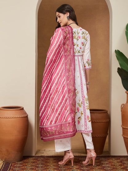 Janasya Women's Cream Cotton Blend Floral Printed Anarkali Kurta Set