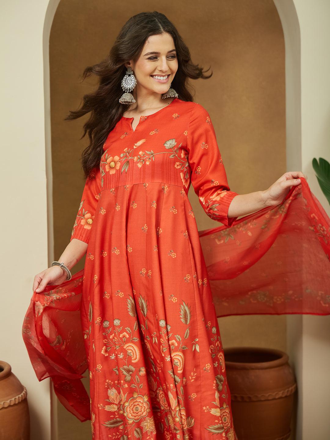Janasya Women's Orange Cotton Blend Floral Printed Anarkali Kurta Set