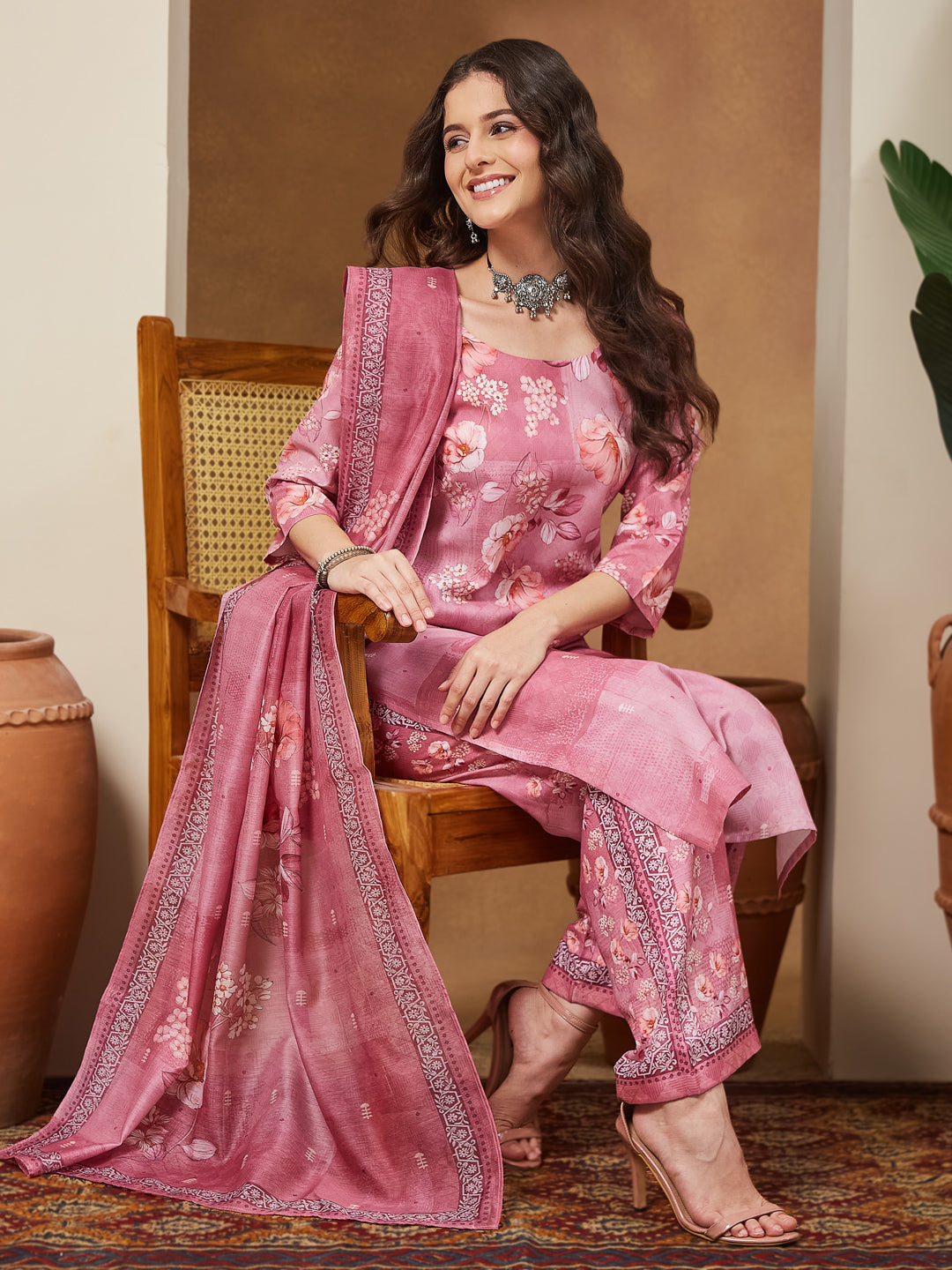 Janasya Women's Pink Cotton Blend Floral Printed Straight Kurta Set