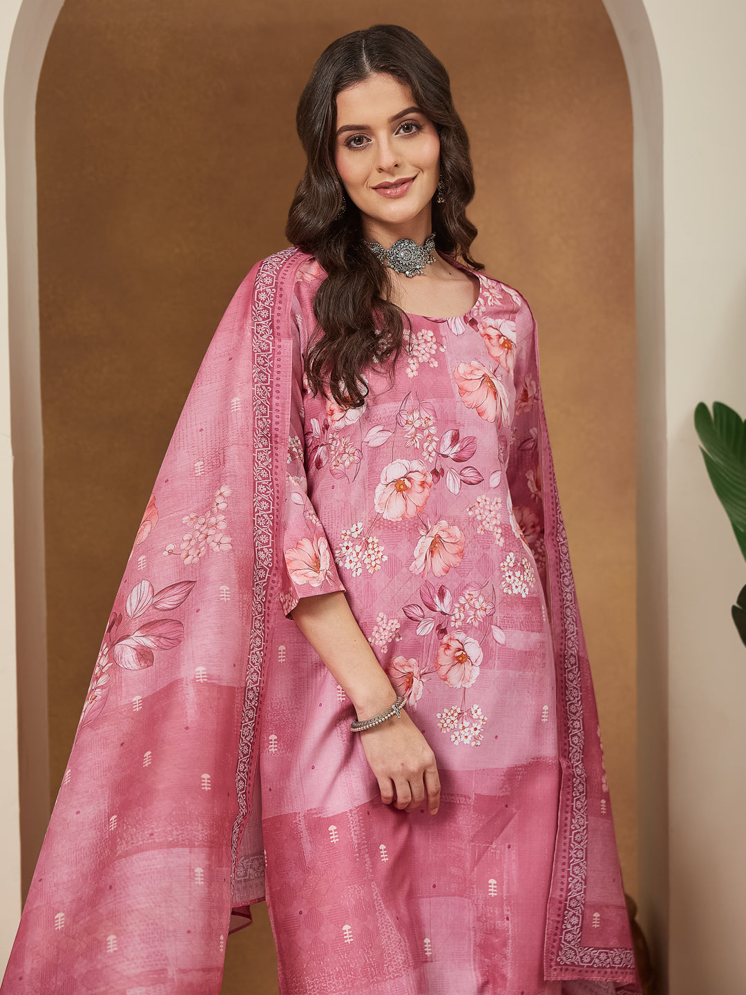 Janasya Women's Pink Cotton Blend Floral Printed Straight Kurta Set