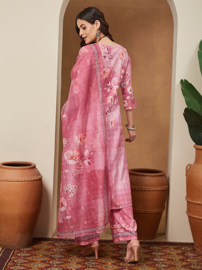 Janasya Women's Pink Cotton Blend Floral Printed Straight Kurta Set