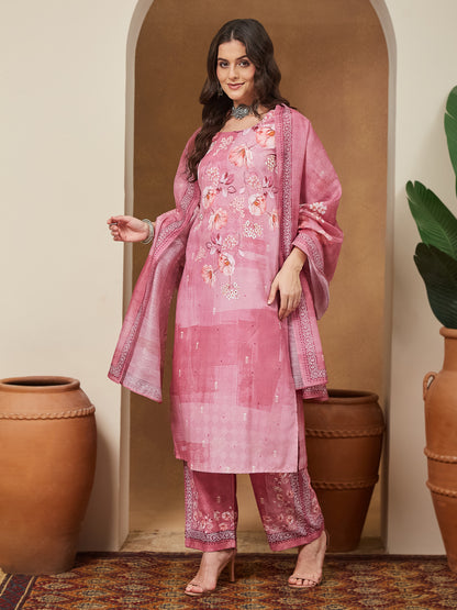 Janasya Women's Pink Cotton Blend Floral Printed Straight Kurta Set