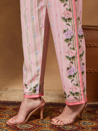 Janasya Women's Light Pink Cotton Blend Floral Printed Straight Kurta Set