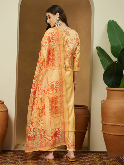 Janasya Women's Yellow Cotton Blend Floral Printed Straight Kurta Set