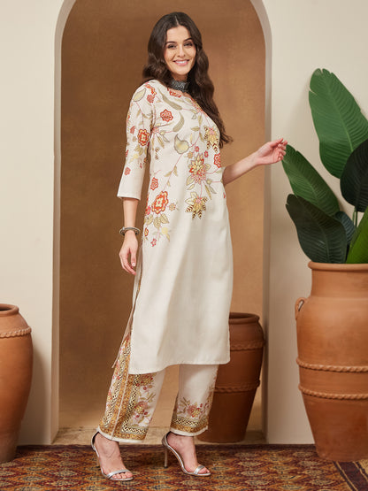 Janasya Women's Cream Cotton Blend Floral Printed Straight Kurta Set