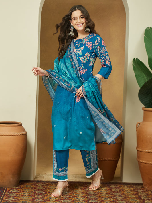 Janasya Women's Teal Blue Cotton Blend Floral Printed Straight Kurta Set