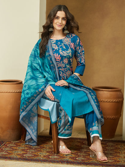 Janasya Women's Teal Blue Cotton Blend Floral Printed Straight Kurta Set