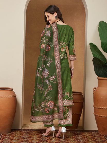 Janasya Women's Mehendi Green Cotton Blend Floral Printed Straight Kurta Set