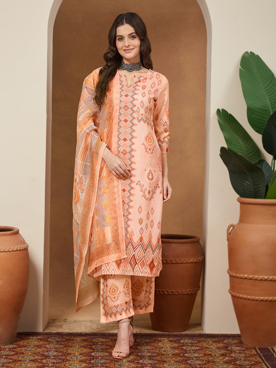 Janasya Women's Peach Cotton Blend Geometric Printed Straight Kurta Set