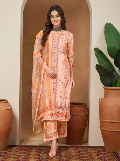Janasya Women's Peach Cotton Blend Geometric Printed Straight Kurta Set