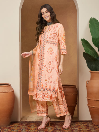Janasya Women's Peach Cotton Blend Geometric Printed Straight Kurta Set