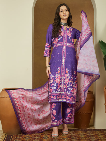 Janasya Women's Purple Cotton Blend Floral Printed Straight Kurta Set