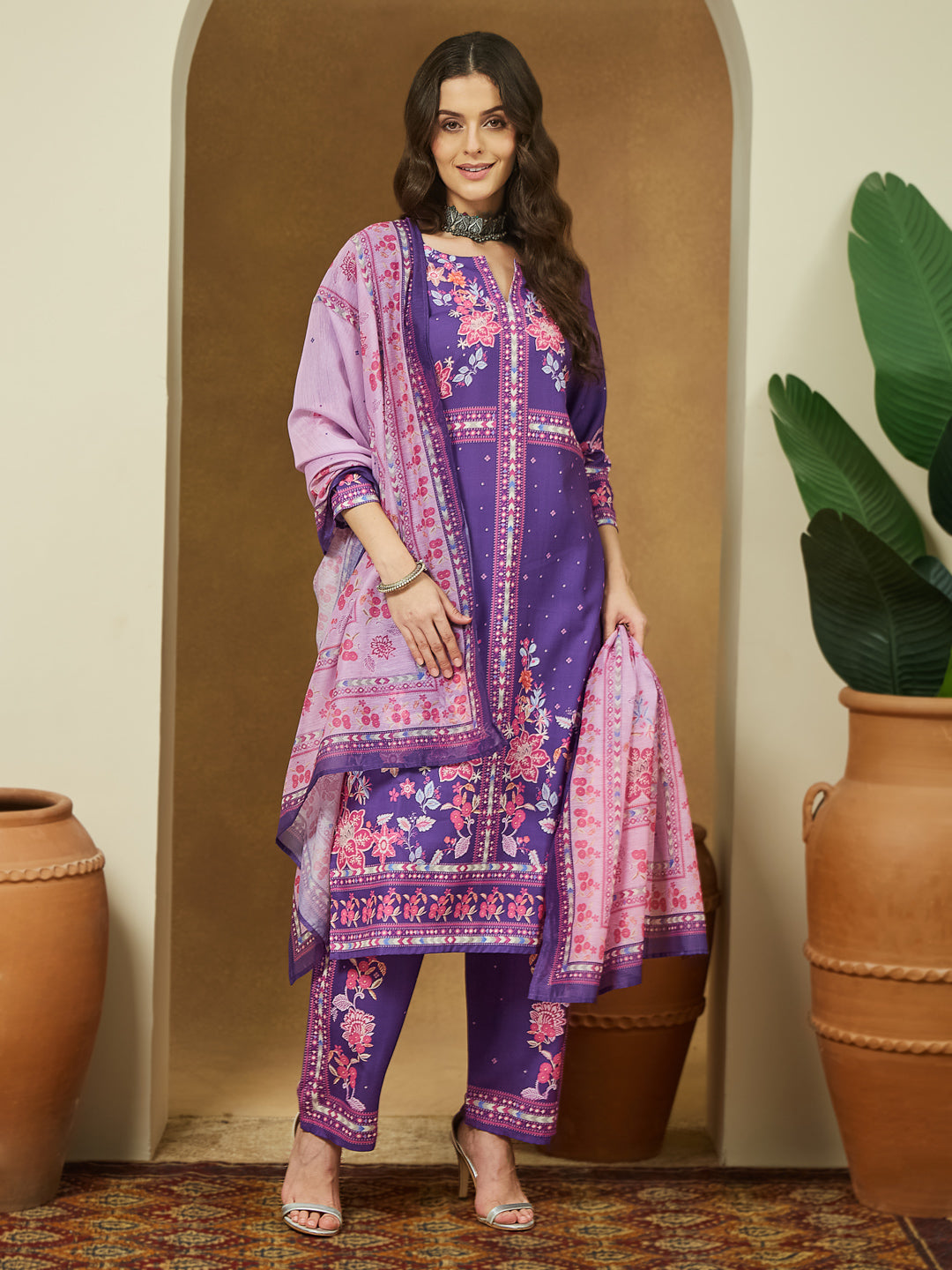 Janasya Women's Purple Cotton Blend Floral Printed Straight Kurta Set