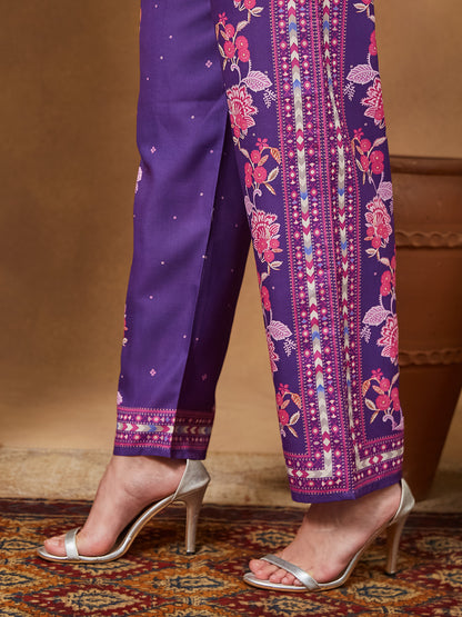 Janasya Women's Purple Cotton Blend Floral Printed Straight Kurta Set