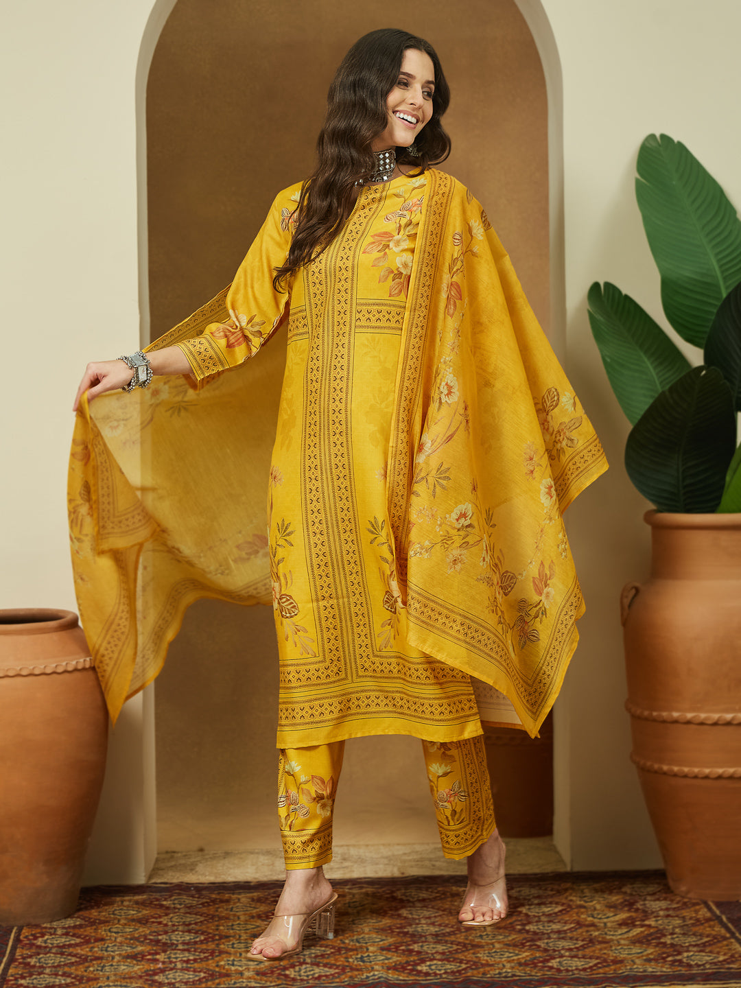Janasya Women's Yellow Cotton Blend Floral Printed Pakistani Floral Straight Kurta Set