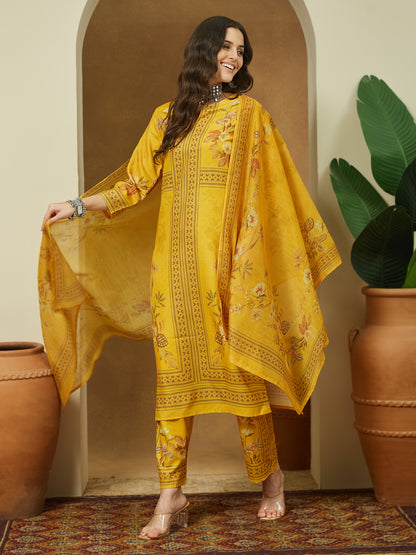 Janasya Women's Yellow Cotton Blend Floral Printed Pakistani Floral Straight Kurta Set