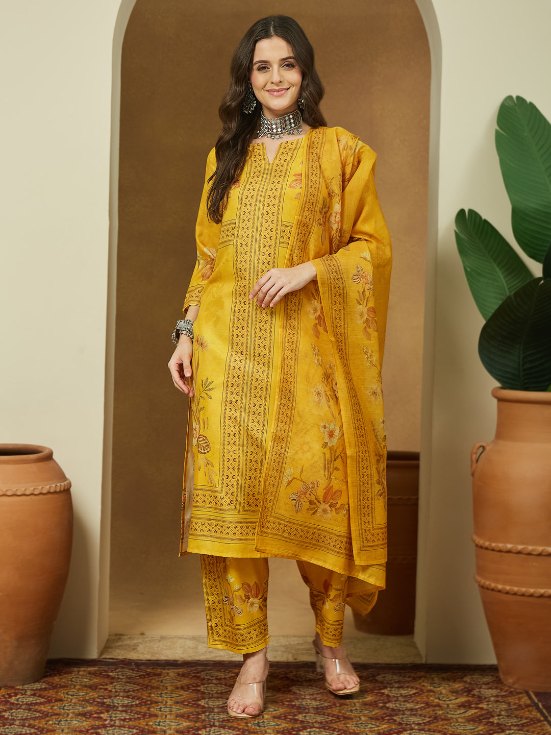 Janasya Women's Yellow Cotton Blend Floral Printed Pakistani Floral Straight Kurta Set