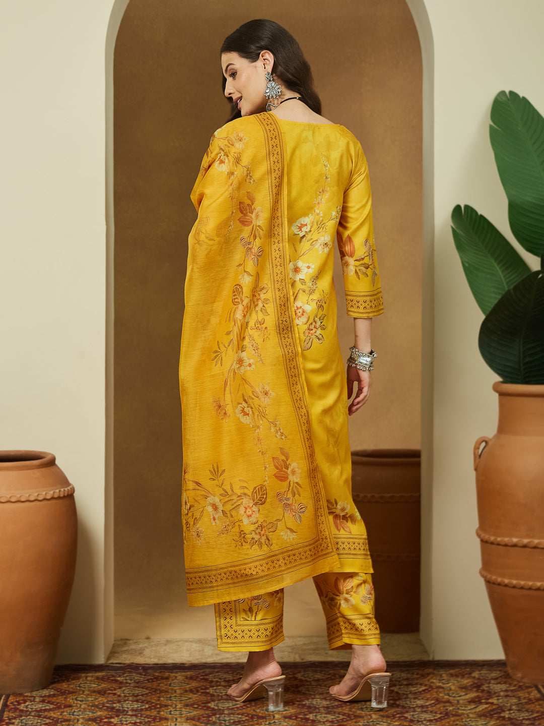 Janasya Women's Yellow Cotton Blend Floral Printed Pakistani Floral Straight Kurta Set