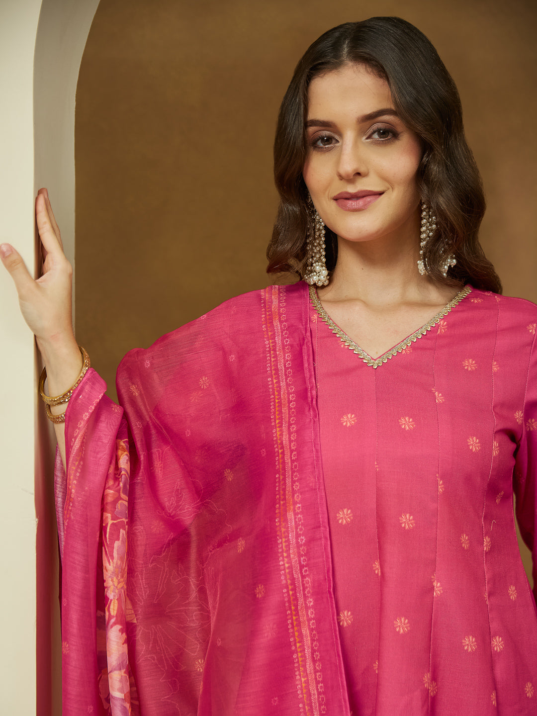 Janasya Women's Pink Cotton Blend Floral Printed Anarkali Kurta Set