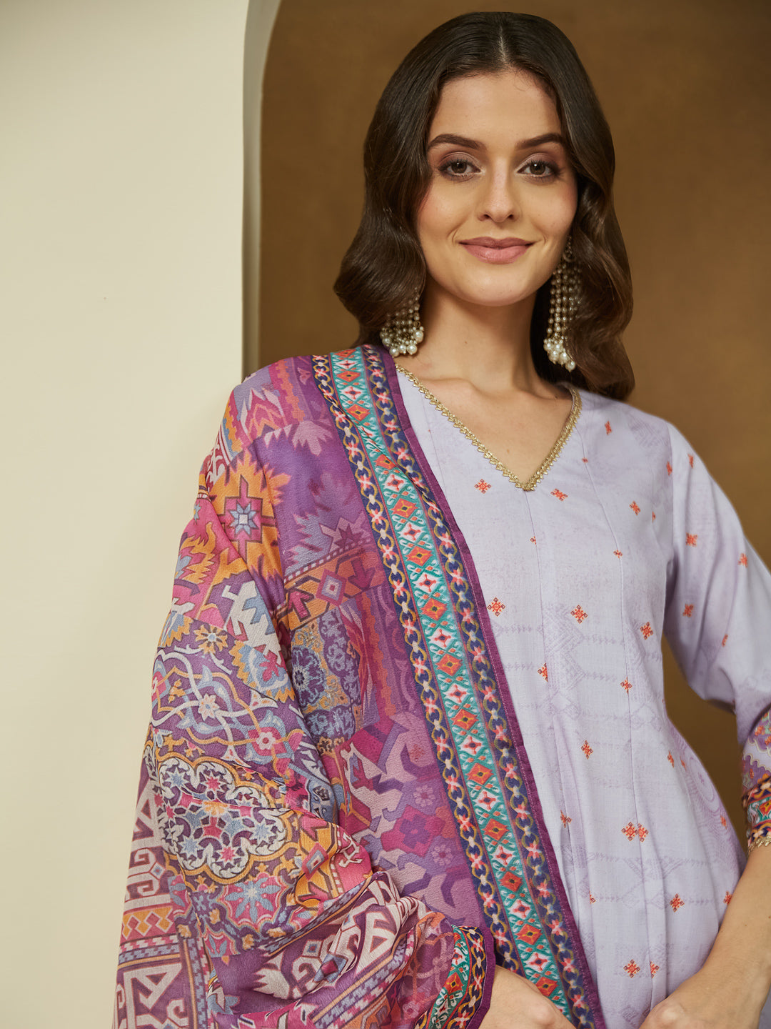 Janasya Women's Lavender Cotton Blend Ethnic Motifs Printed Anarkali Kurta Set