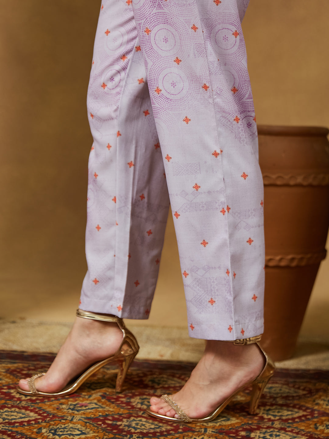 Janasya Women's Lavender Cotton Blend Ethnic Motifs Printed Anarkali Kurta Set