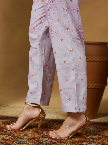 Janasya Women's Lavender Cotton Blend Ethnic Motifs Printed Anarkali Kurta Set