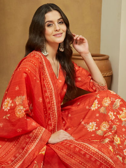Janasya Women's Orange Cotton Blend Floral Printed Anarkali Kurta Set