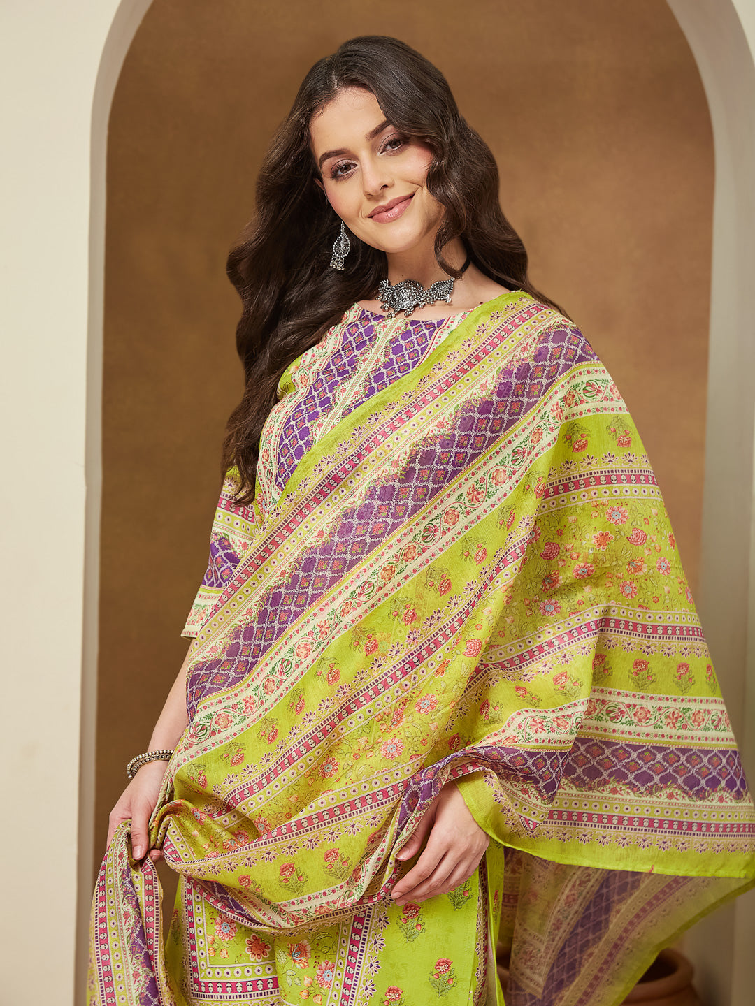 Janasya Women's Green Cotton Blend Floral Printed Pakistani Style Straight Kurta Set