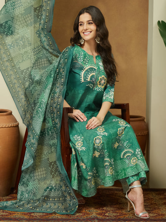 Janasya Women's Sage Green Cotton Blend Floral Printed Anarkali Kurta Set