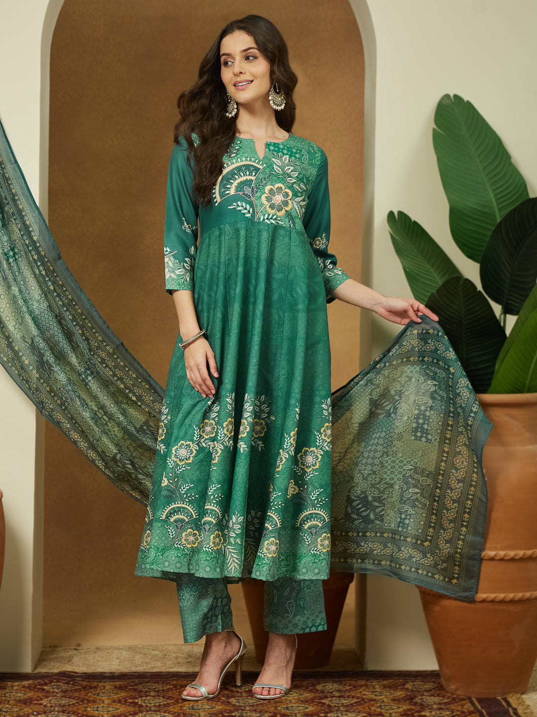 Janasya Women's Sage Green Cotton Blend Floral Printed Anarkali Kurta Set