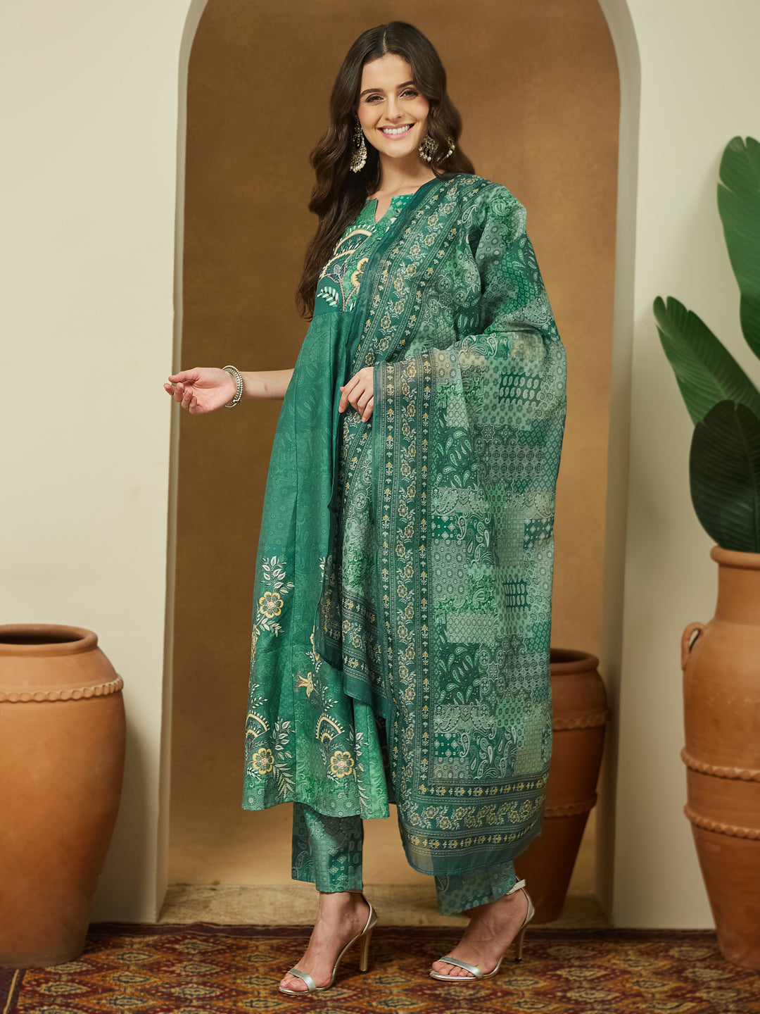Janasya Women's Sage Green Cotton Blend Floral Printed Anarkali Kurta Set