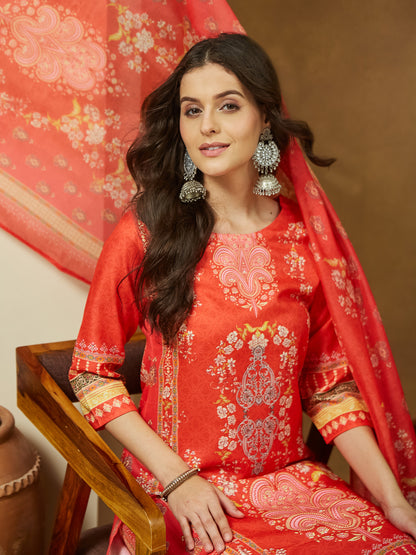 Janasya Women's Orange Cotton Blend Ethnic Motifs Printed Pakistani Straight Kurta Set