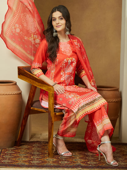 Janasya Women's Orange Cotton Blend Ethnic Motifs Printed Pakistani Straight Kurta Set