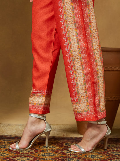 Janasya Women's Orange Cotton Blend Ethnic Motifs Printed Pakistani Straight Kurta Set