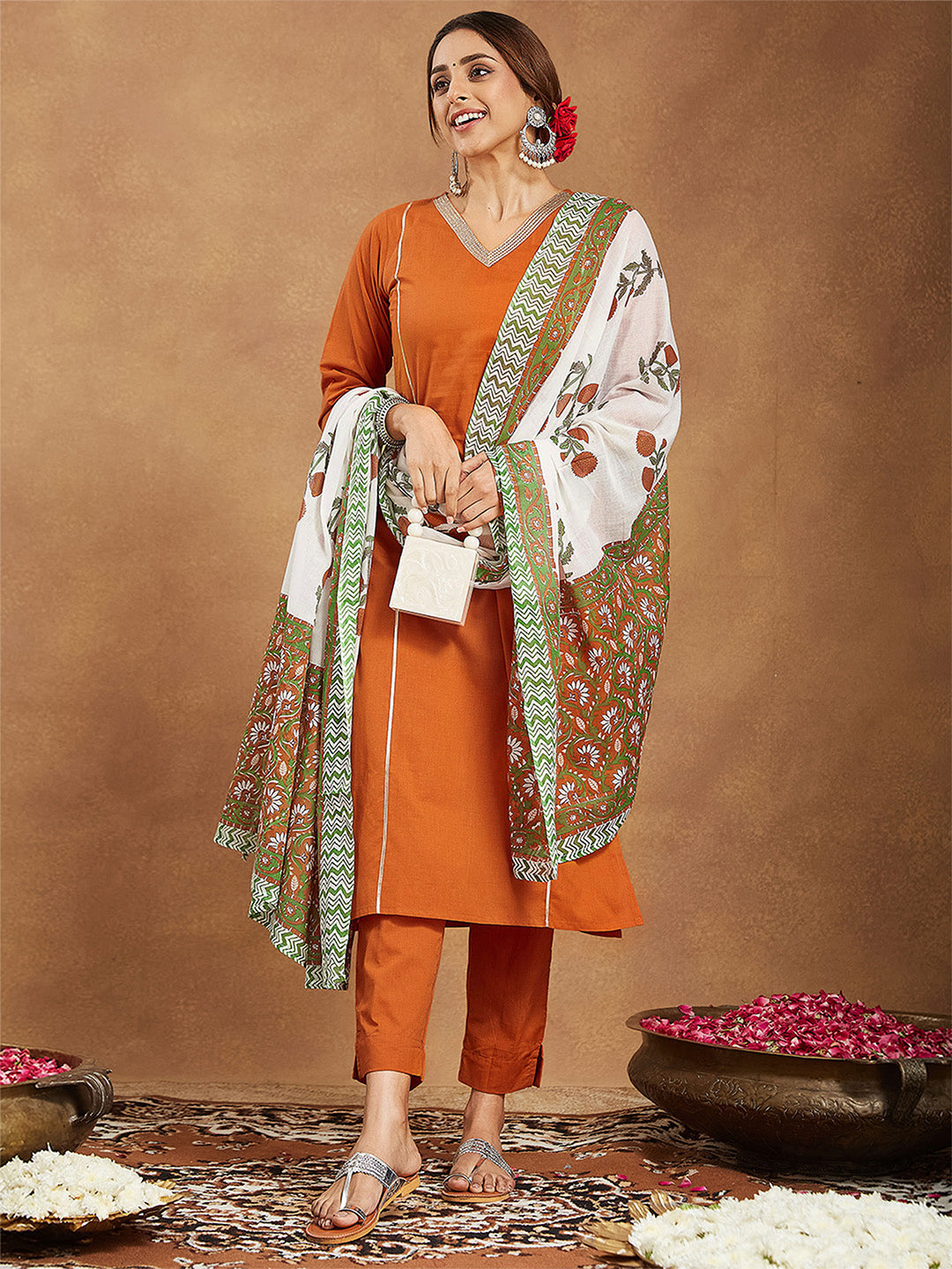 Janasya Women's Orange Pure Cotton Solid Straight Kurta Set
