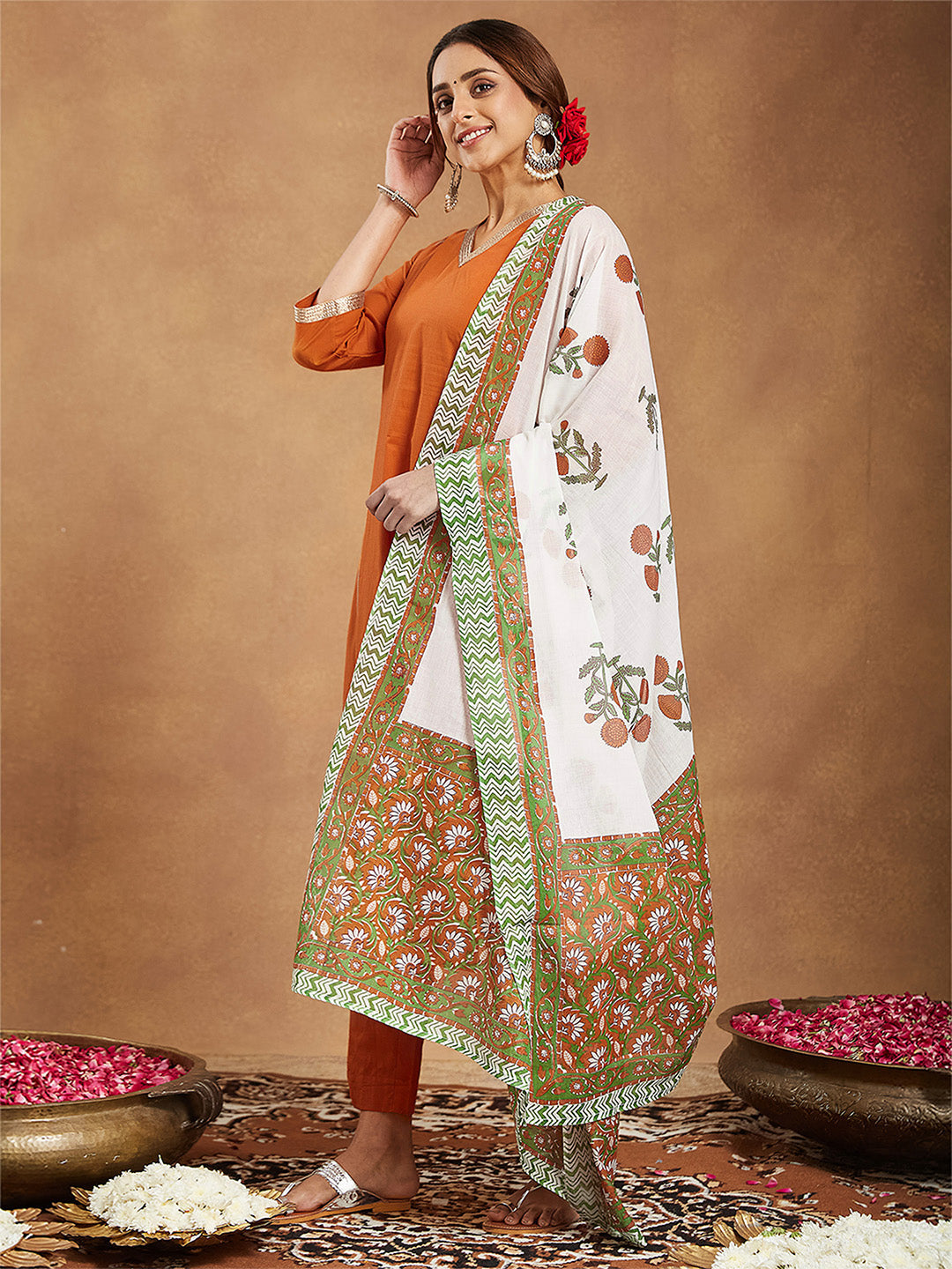 Janasya Women's Orange Pure Cotton Solid Straight Kurta Set