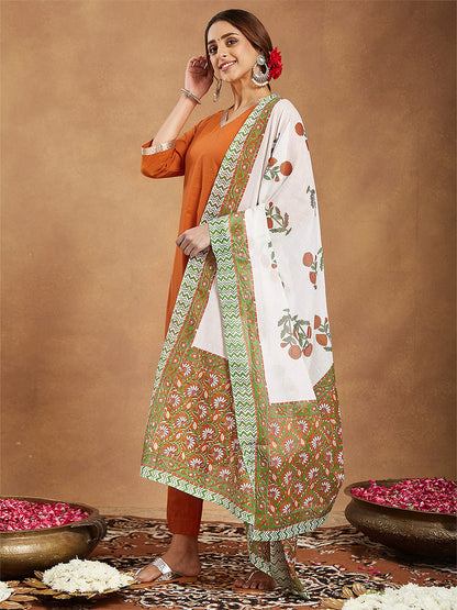 Janasya Women's Orange Pure Cotton Solid Straight Kurta Set