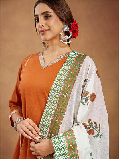 Janasya Women's Orange Pure Cotton Solid Straight Kurta Set