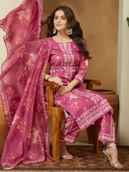 Janasya Women's Pink Cotton Blend Floral Printed Straight Kurta Set