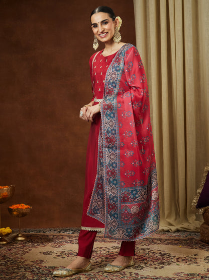 Janasya Women's Maroon Chanderi Silk Yoke Embroidered Straight Kurta Set