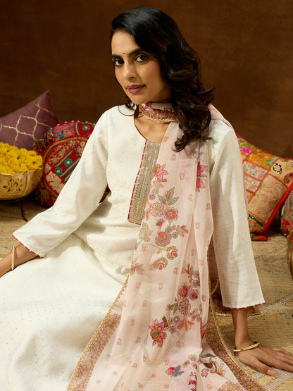 Janasya Women's Off White Silk Blend Embellished Straight Kurta Set